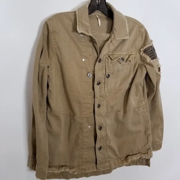 Free People Embellished Military Shirt Jacket Women Sz XS Beige Button Up Boho - Picture 5 of 13